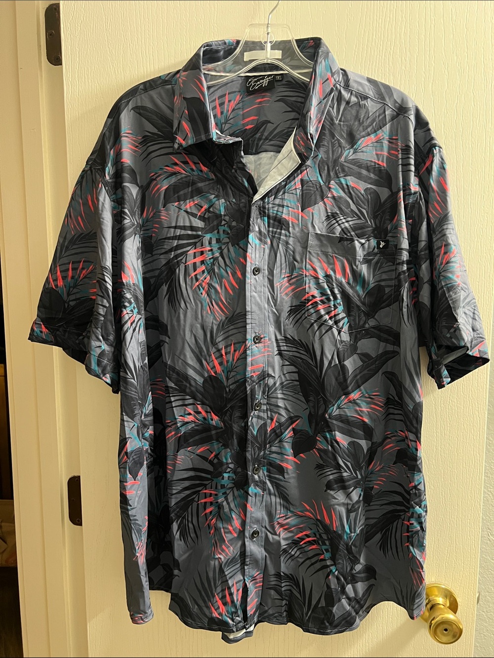 Men's Short-Sleeve Tropical Print Button-Up Shirt - Dark Gray with Coral & Teal
